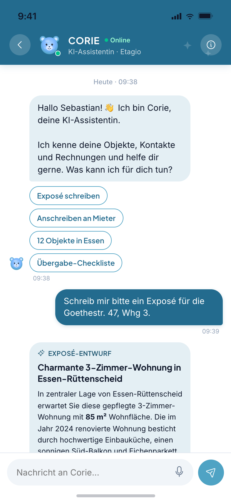 Corie KI-Assistentin. Exposé-Texte und Datenabfragen in natürlicher Sprache