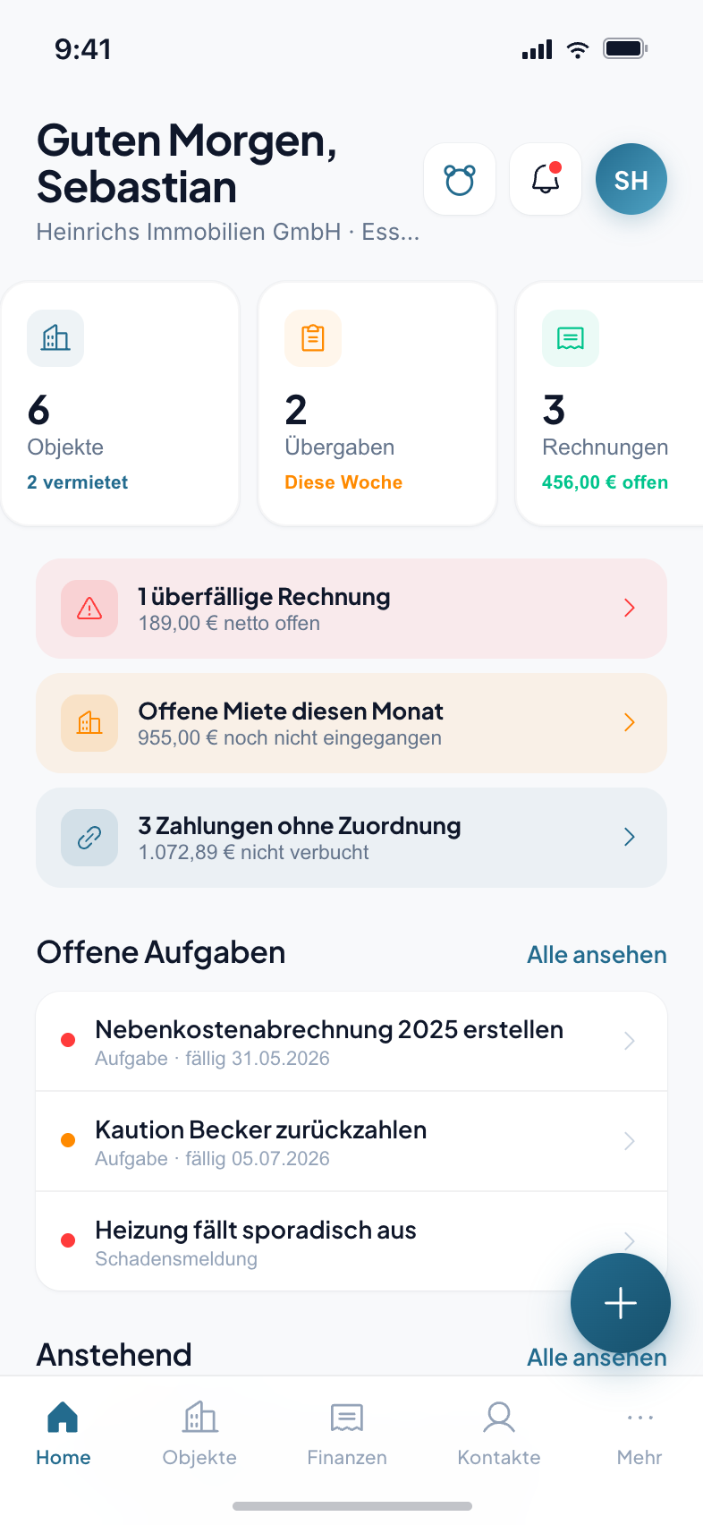 Etagio App. Dashboard auf dem Smartphone