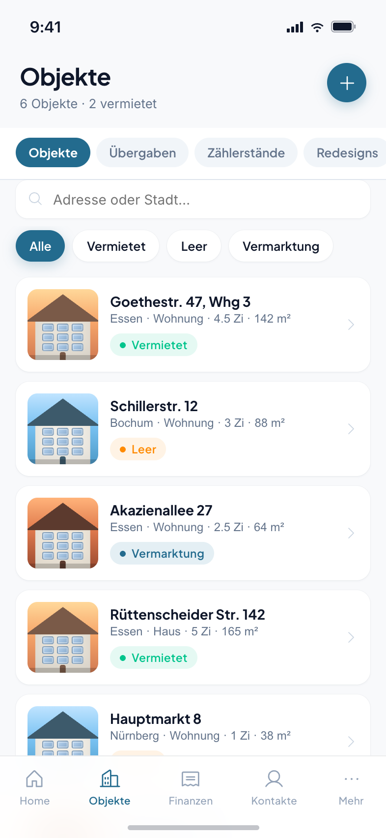 Etagio Objektliste, alle Immobilien mit Vermietungsstatus auf einen Blick