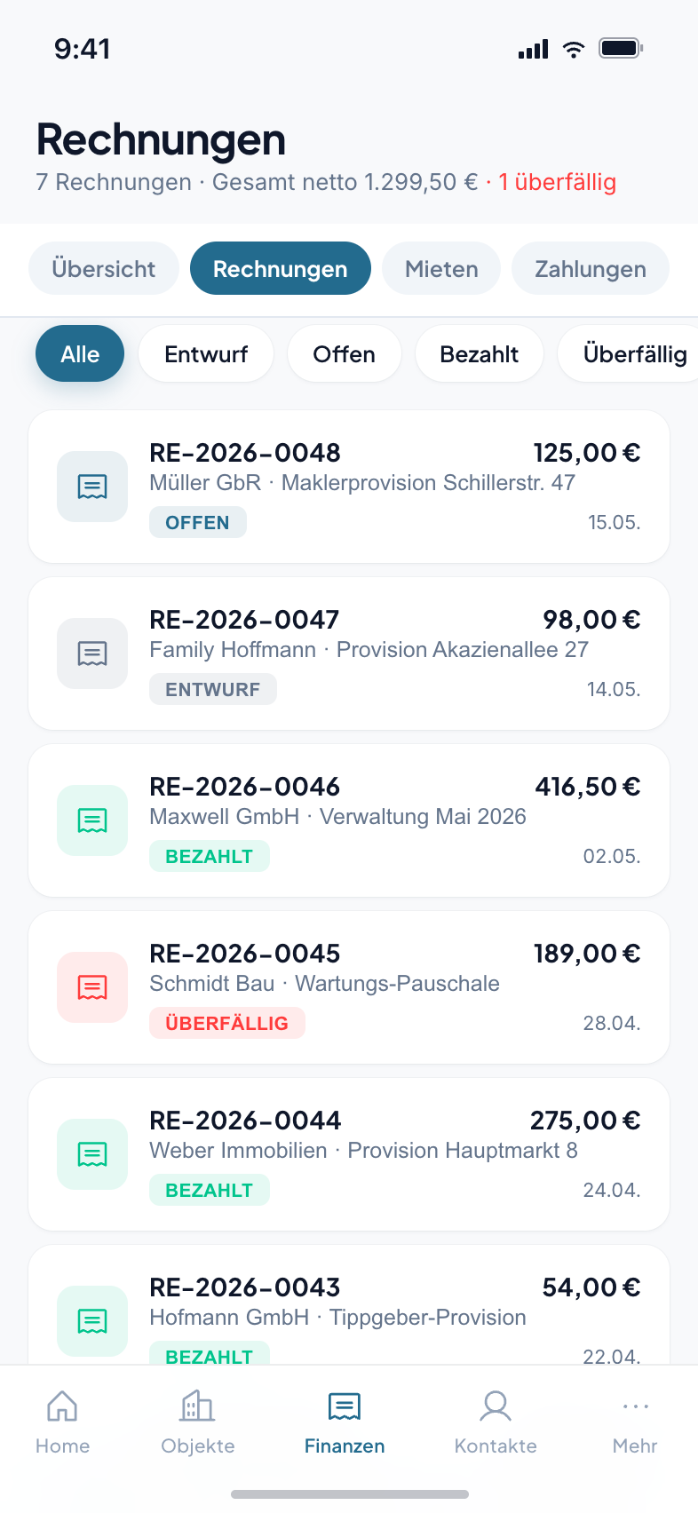 Etagio Rechnungen. Provisionsverwaltung mit ZUGFeRD und DATEV-Export