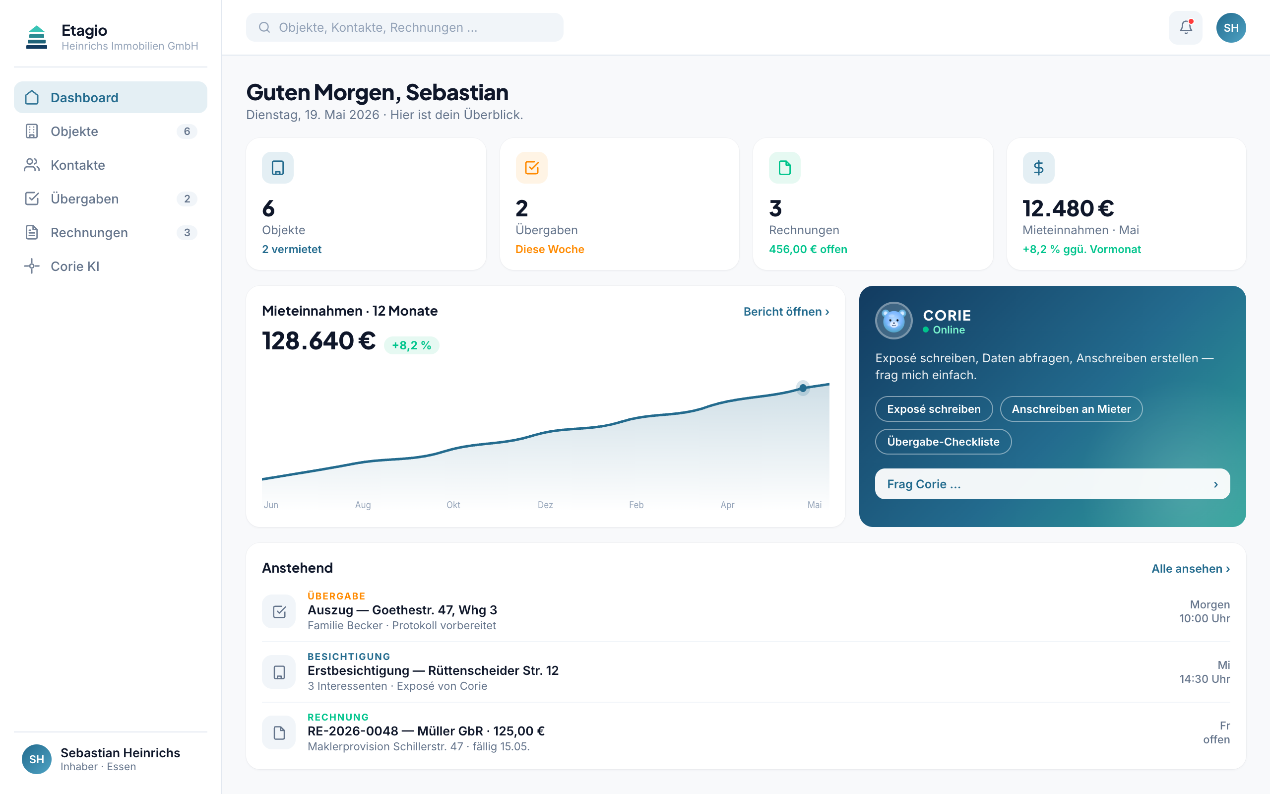 Etagio Web-App. Dashboard mit Objekten, Übergaben, Rechnungen und Mieteinnahmen
